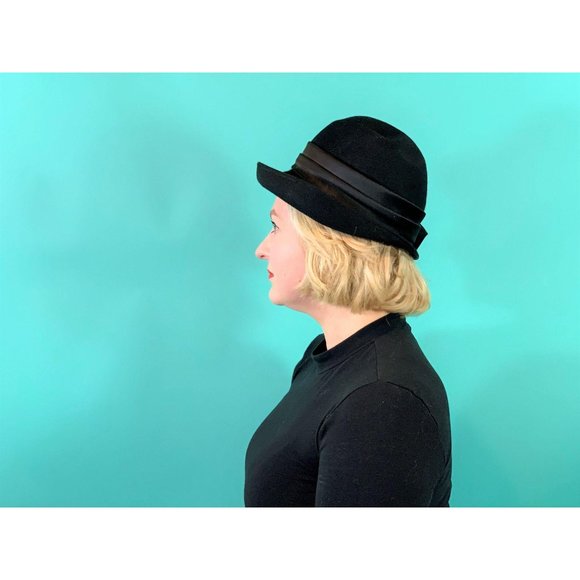 Vintage 1950s Black Fedora Henry Pollak Satin Bow Bucket Hat - Picture 2 of 10